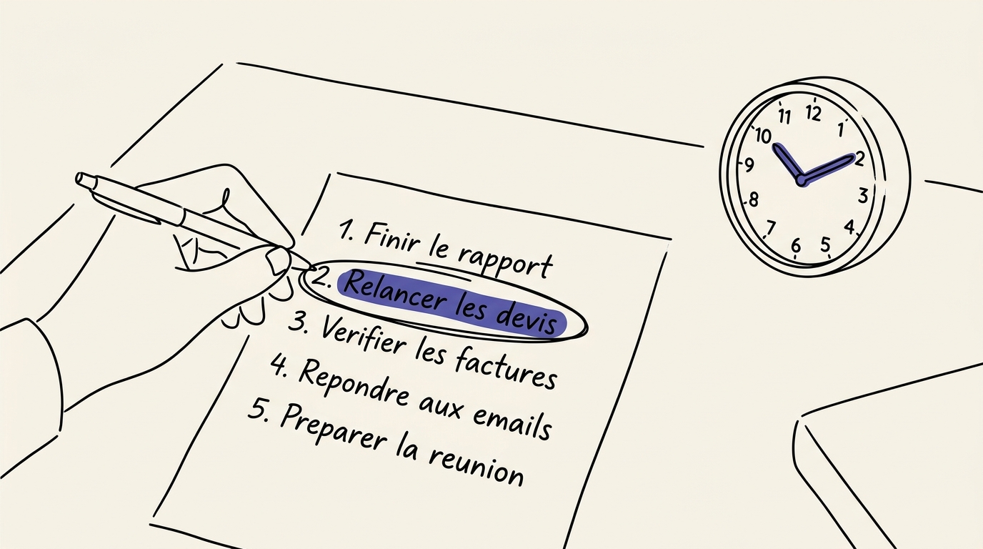 Une main entoure une tâche sur une liste manuscrite, à côté d'une horloge, symbolisant le choix d'un problème à résoudre avec l'IA