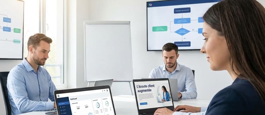 Trois employés d'une PME travaillant avec des tableaux de bord IA