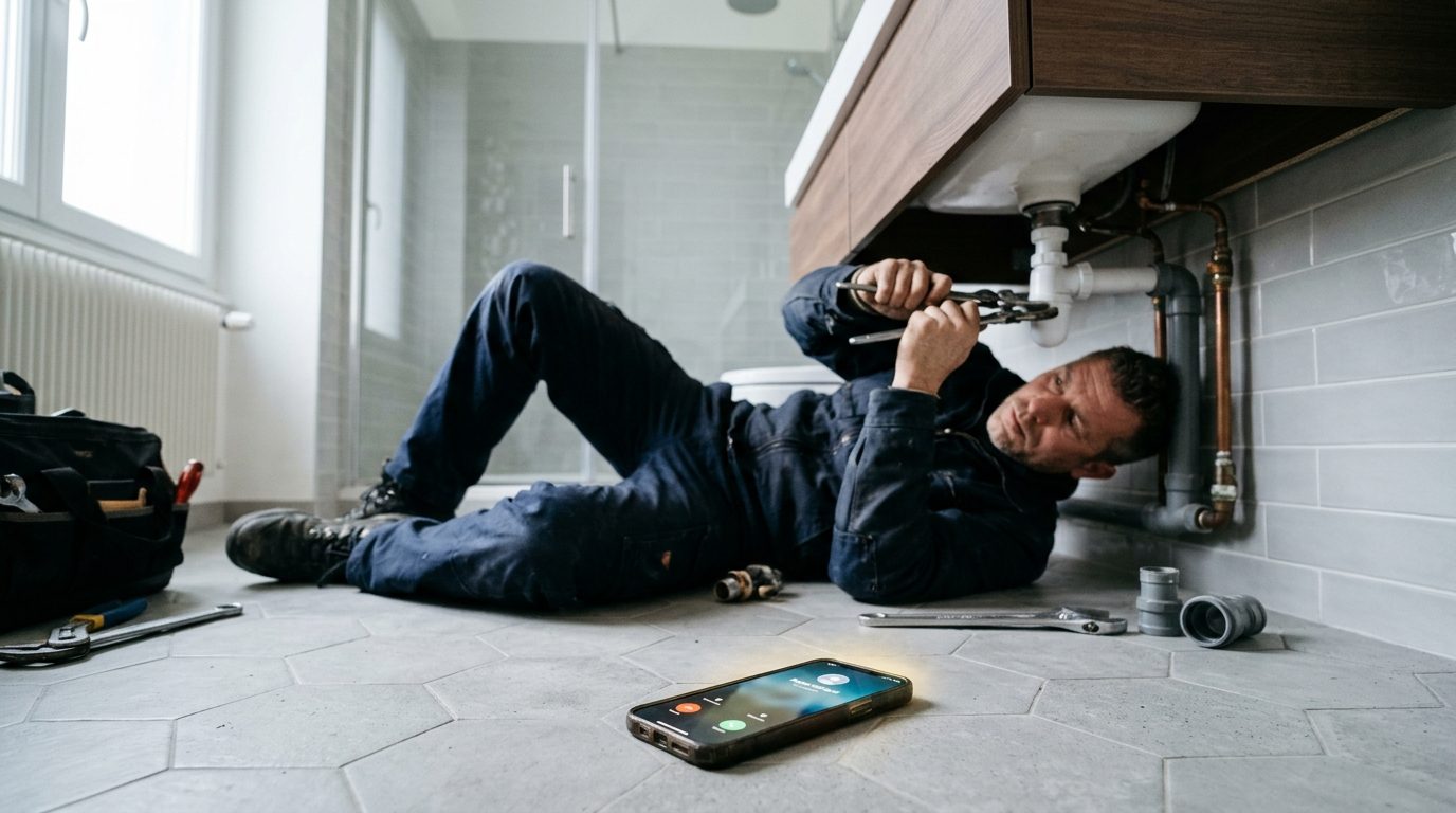 Plombier allongé sous un lavabo, clé en main, pendant que son téléphone sonne sur le carrelage