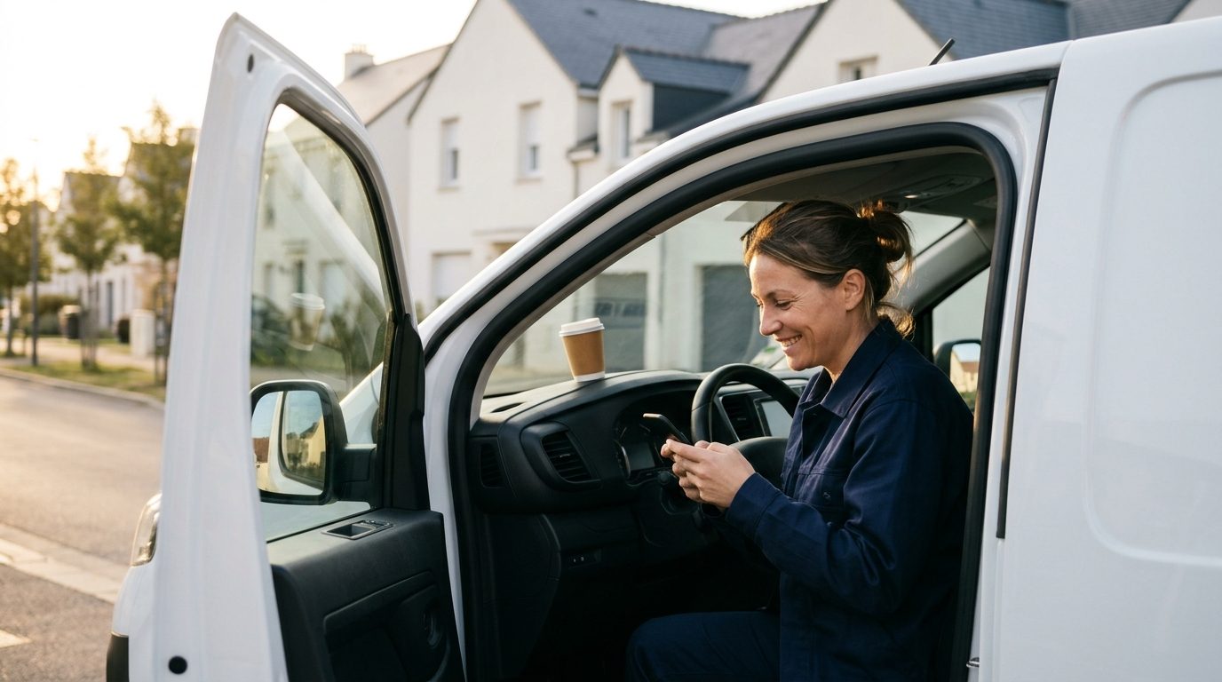 Artisane assise dans son utilitaire au petit matin, souriante en lisant un message sur son téléphone