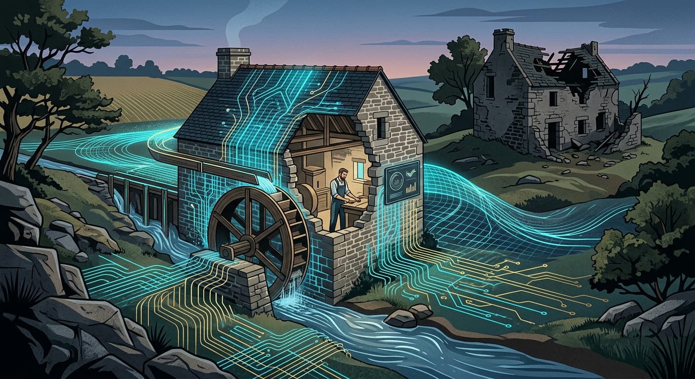 Vieux moulin à eau breton traversé de flux lumineux numériques, à côté d'une ferme abandonnée