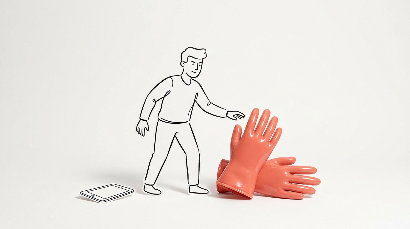 Salarié qui pose sa tablette pour enfiler des gants de travail, symbole du reclassement vers une nouvelle mission